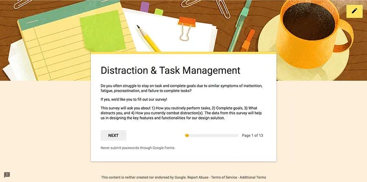 Online survey on distraction and task management.