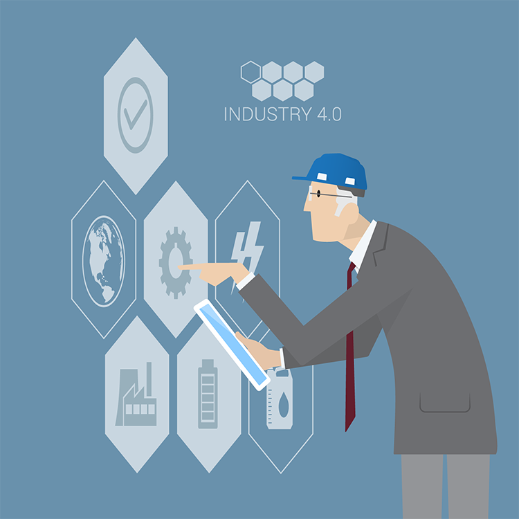 Illustration of manufacturing worker reviewing an Industry 4.0 dashboard.