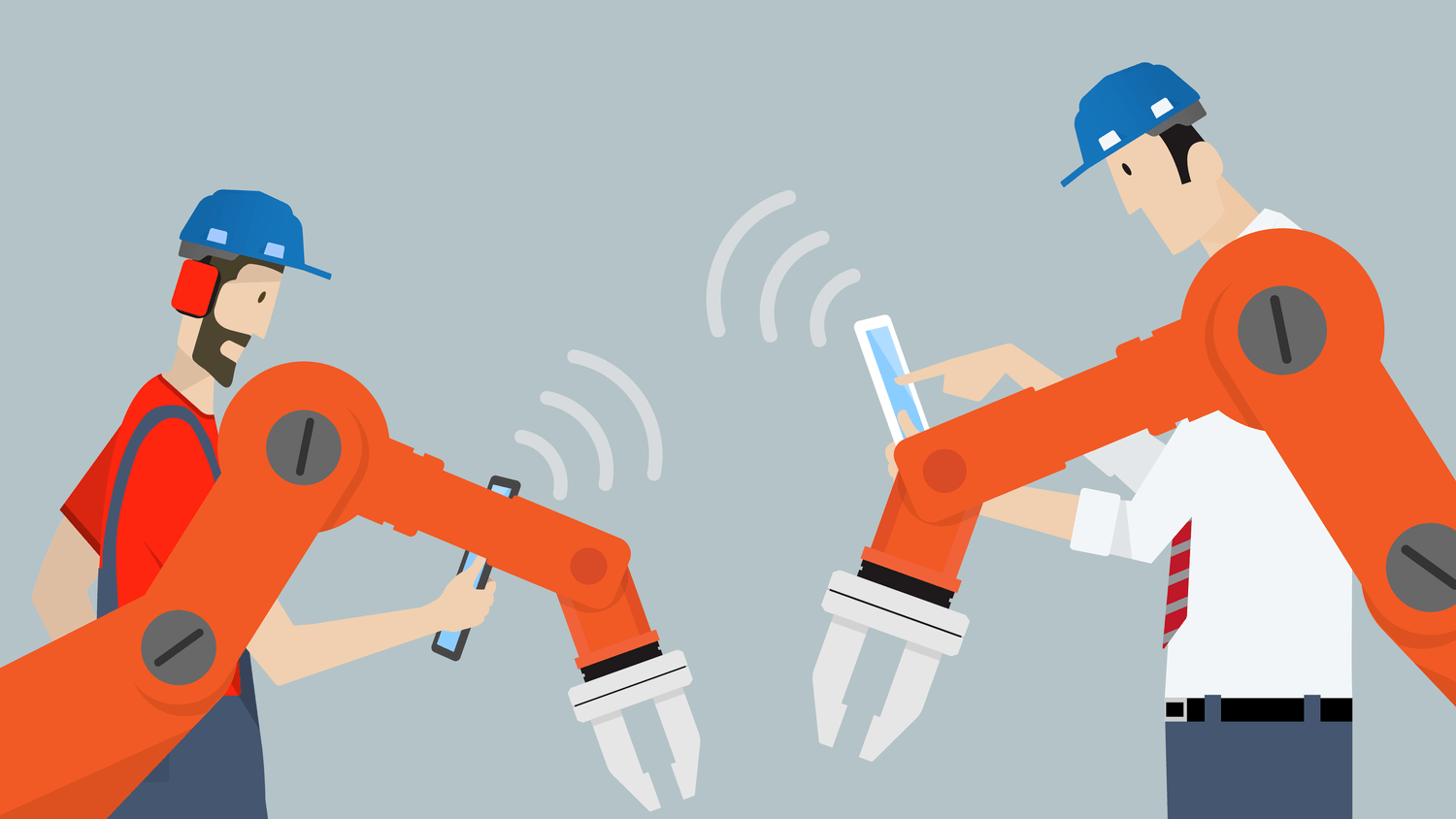 Illustration of plant operators working with Internet of Things manufacturing equipment.