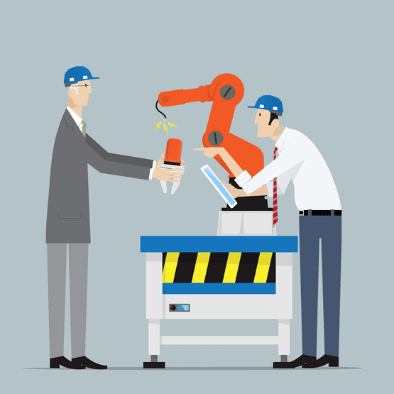 Illustration of plant operators in training, repairing robotic equipment.